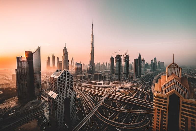 Skyline view of futuristic Dubai skyscrapers